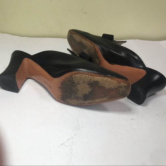 Salvatore Ferragamo Leather Mules Slides Vera Bow Heels Italy Black Gold logo - Picture 15 of 16